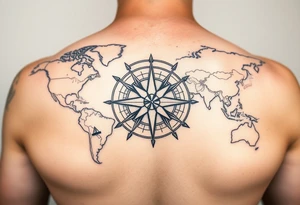 antique compass rose overlaid on weathered world map with sailing ships tattoo idea