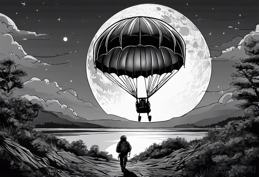 Parachutist undet canopy in front of a full moon. The moon looks like a skull tattoo idea