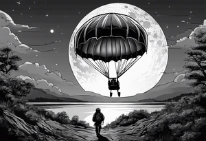 Parachutist undet canopy in front of a full moon. The moon looks like a skull tattoo idea