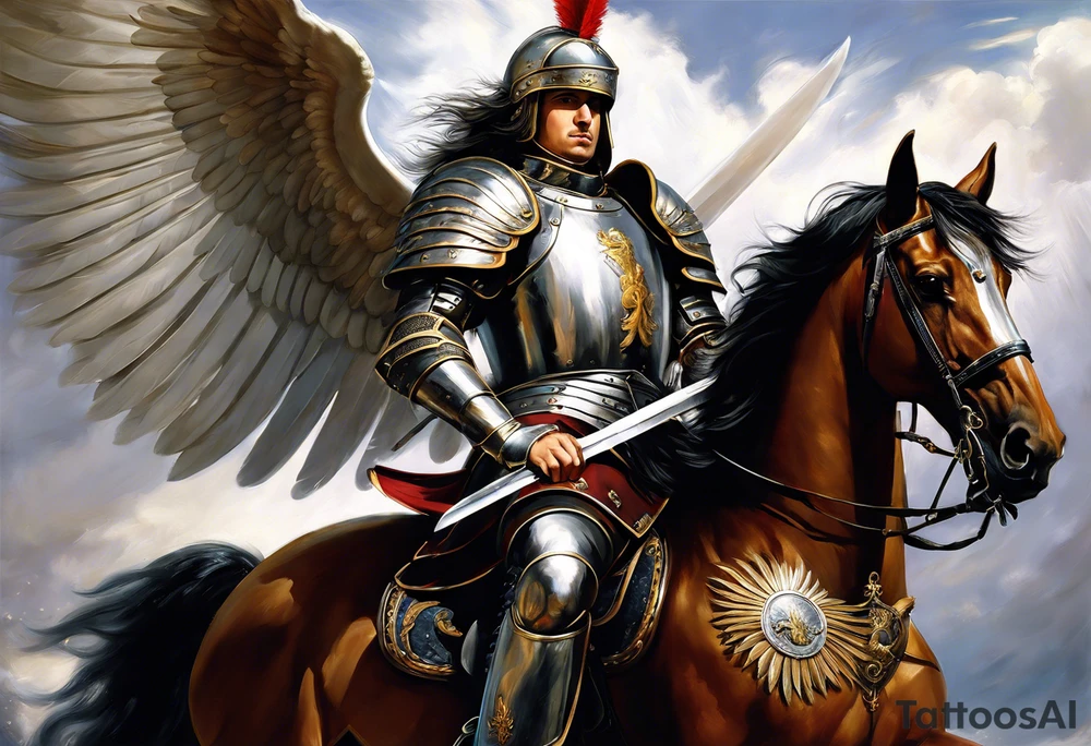 **Main Theme**: A Hussar on horseback in full armor, dynamically portrayed in the middle of a charge. The Hussar's wings are clearly visible, adding dynamics to the composition.
   - Archangel Michael positioned in the background, with a raised sword ready for battle, armed with a shield.
   - The Hussar is holding a banner showcasing the White Eagle.
   - Elements of the Arch tattoo idea