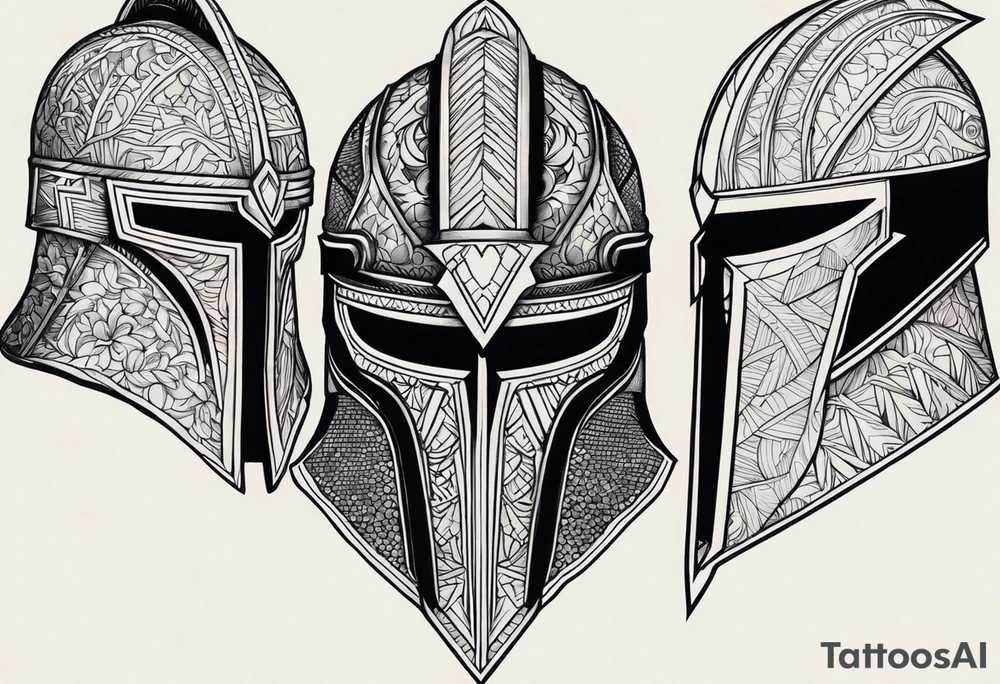 Create a Blackwork tattoo design featuring a warrior’s helmet with a bold, angular structure and a pointed crest. The helmet has two narrow, triangular eye slits. A prominent scar runs diagonally across the right eye slit, starting above the slit, cutting through its middle, and continuing below the lower edge. The scar should have slightly jagged edges with natural tapering, appearing as a healed cut on the metallic surface. The design should use thick, bold lines with no shading and focus on high contrast to create a clean and striking Blackwork tattoo tattoo idea