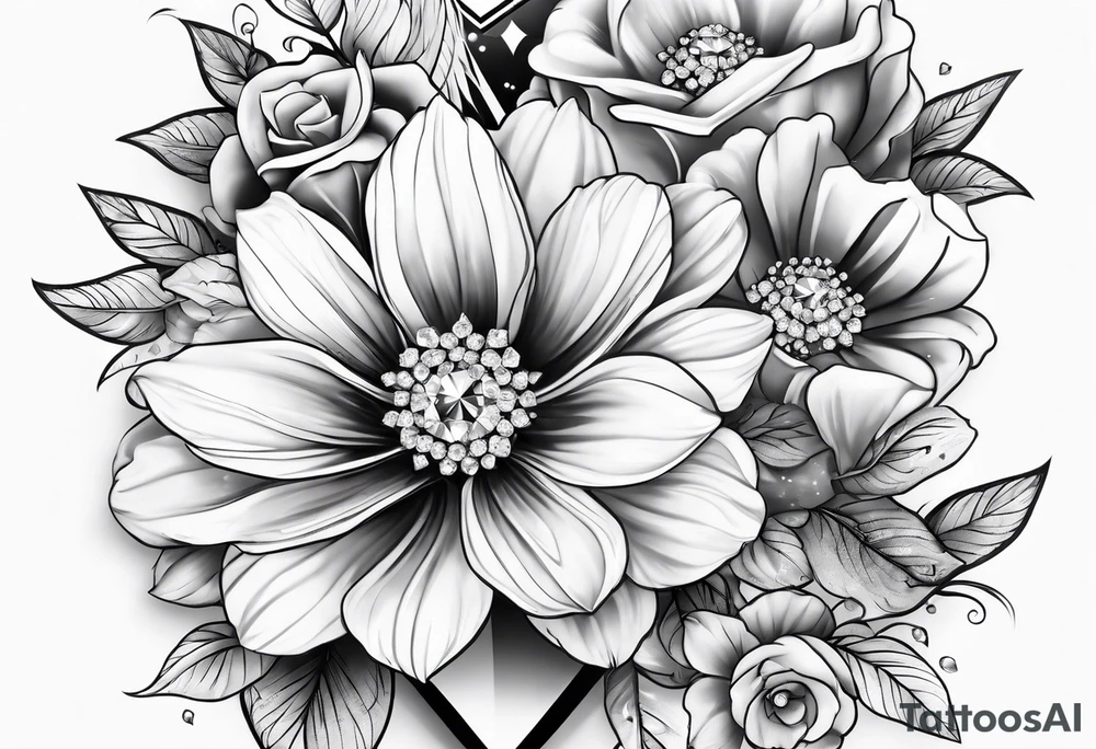 Big diamonds and flowers more diamonds tattoo idea