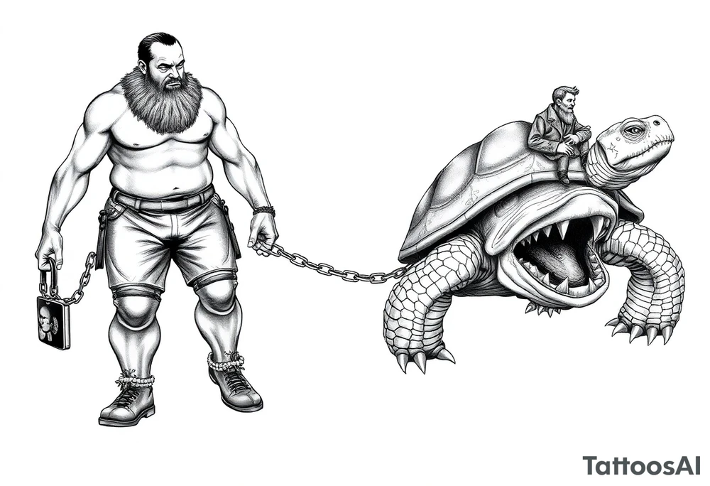 A giant man walking 2 slaves on a chain leash an angry turtle with huge teeth with a little man riding on his back tattoo idea