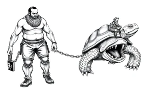 A giant man walking 2 slaves on a chain leash an angry turtle with huge teeth with a little man riding on his back tattoo idea