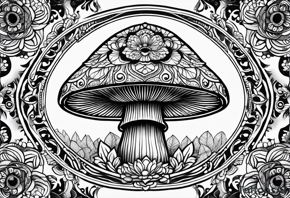 Black mushroom tattoo with henna style mandala design surrounding it tattoo idea