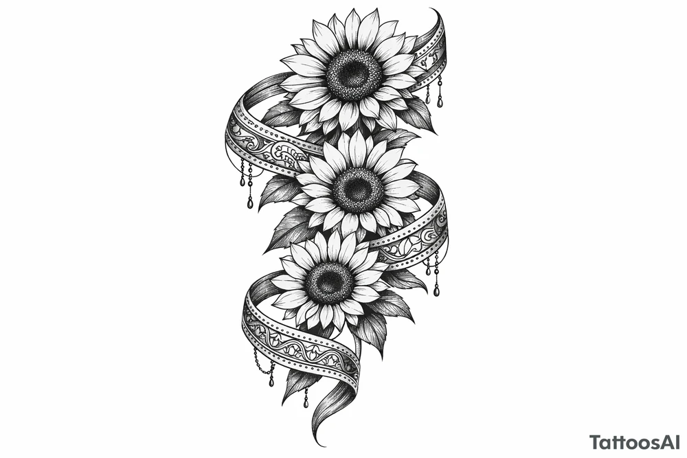 3 cascading Sunflowers wrapped in an Indian ribbon tattoo idea