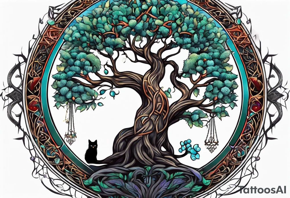 yggdrasil with a cat and a raven and knotwork tattoo idea