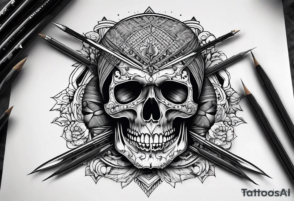 Black line skull with knitting needles stabbing through the eye sockets tattoo idea