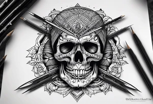 Black line skull with knitting needles stabbing through the eye sockets tattoo idea