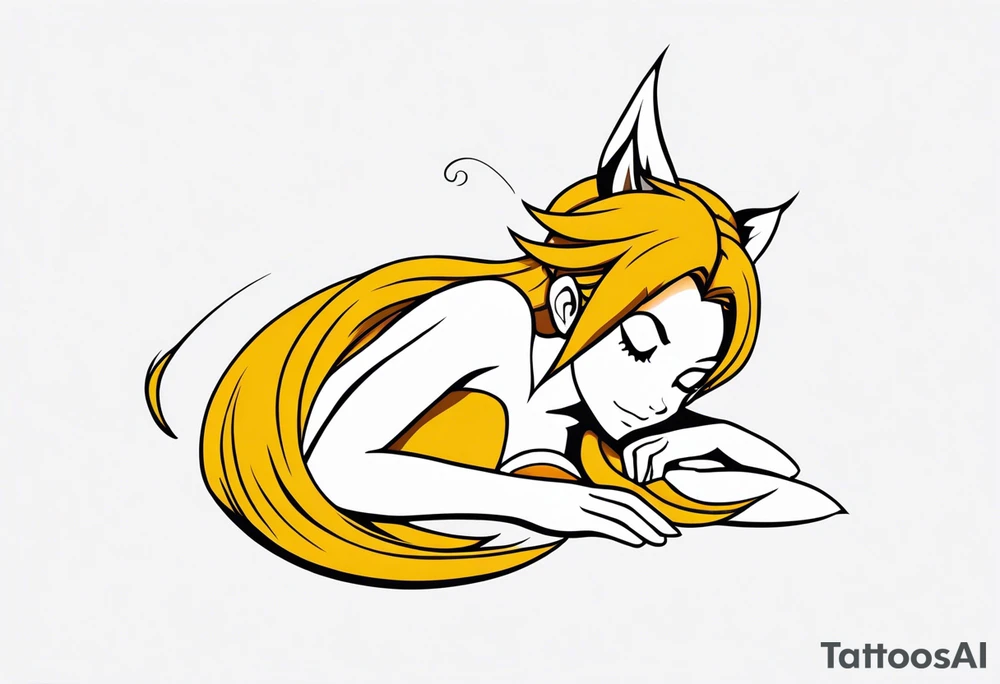 A fairy with a tail inspired by the logo of the show called Fairy Tail in a fetal position leaning in tattoo idea
