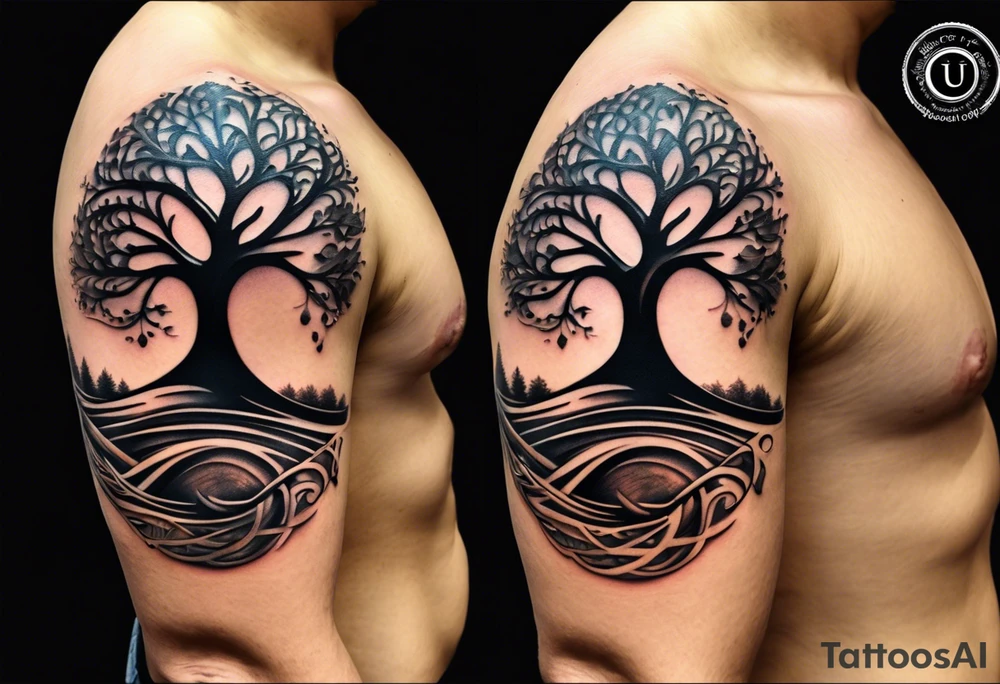 A tattoo design that incorporates the following elements: an abstract tree of life that has roots emerging  from the ground. Waves of water wrap around the tree in a non symmetrical design.  Incorporate musical notes into the tree. the letters U and A are overlapping and engraved into the tree. The game of golf incorporated but not prominent. tattoo idea