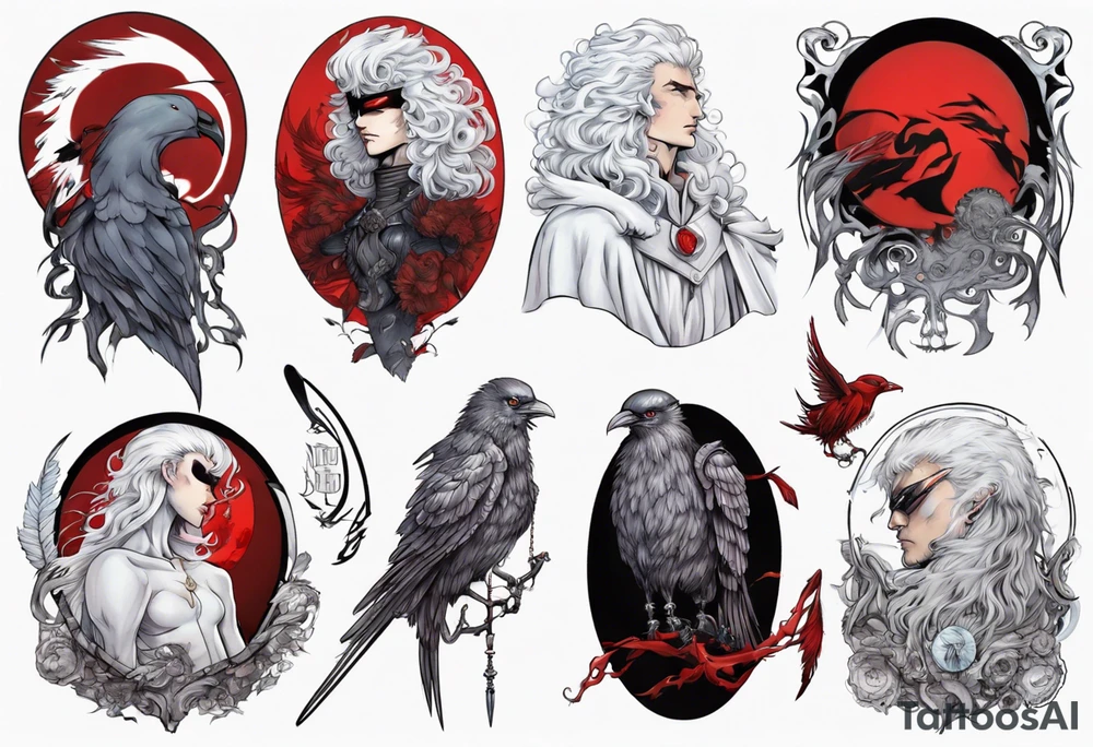 neo traditional, griffith from berserk, manga, white feather bird, red eclipse tattoo idea