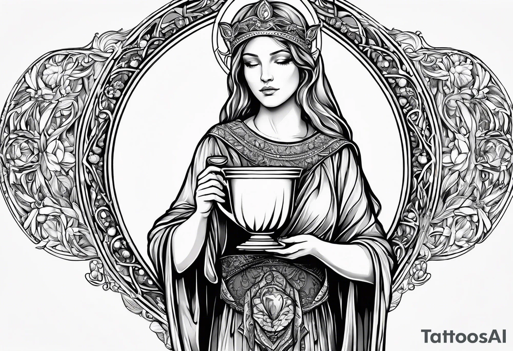 holy saint woman turned away with golden halo holding a chalice tattoo idea