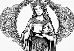 holy saint woman turned away with golden halo holding a chalice tattoo idea