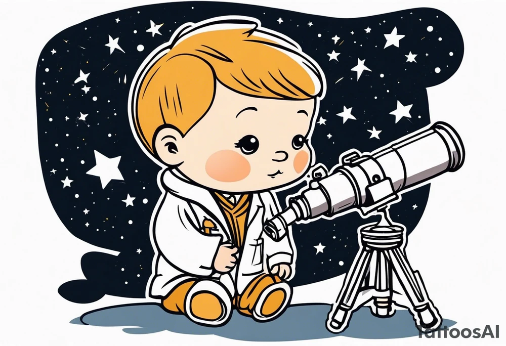 Small baby in a lab coat looking up at the stars through a telescope tattoo idea