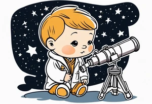 Small baby in a lab coat looking up at the stars through a telescope tattoo idea
