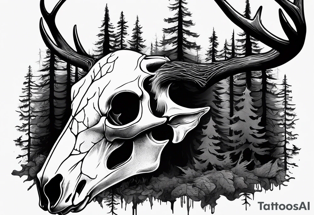 A SCARY side view of a decayed deer skull NO SKIN JUST BONE surrounded by a forest fire in background tattoo idea