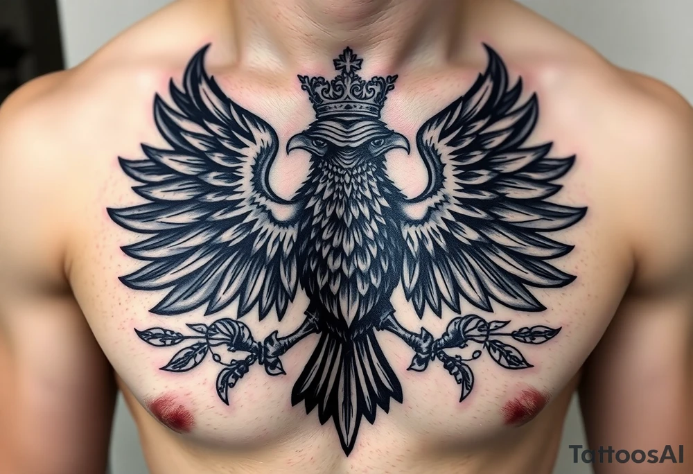 Chest tattoo,powerful two polish symetricals majestic darks eagle with crown, surrounded by lure ornaments tattoo idea
