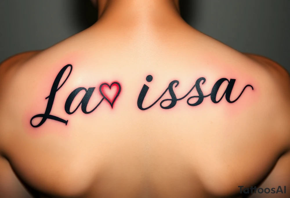 Can you make the name larissa in cursive but in black but put a little heart in above the i and the r and add a faint but visable red glowing around the name dont make the red too bright and show it on the forearm tattoo idea