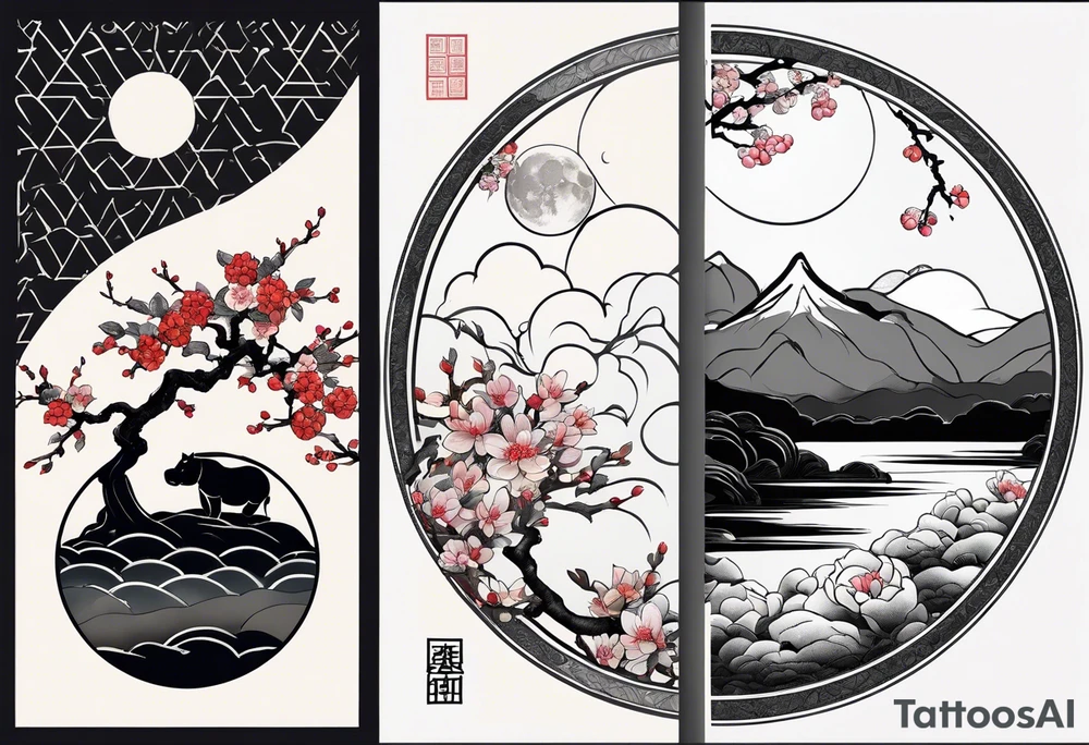 Asymmetrical, geometric, chinese ink art touch, hippo , full moon, wintersweet flower, light , modify from my favourite, s-shape tattoo idea
