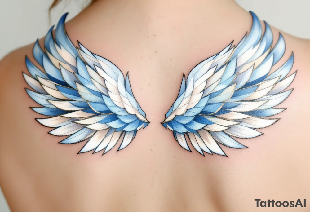 A graceful guardian angel with large feathered wings. The color palette includes light blue, silver, and soft white, symbolizing Virgo’s protective and pure energy. tattoo idea