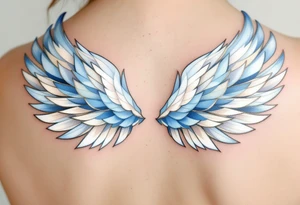 A graceful guardian angel with large feathered wings. The color palette includes light blue, silver, and soft white, symbolizing Virgo’s protective and pure energy. tattoo idea