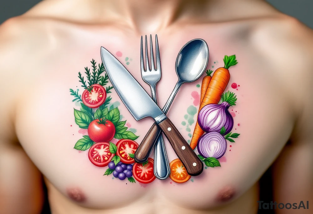 A realistic kitchen tattoo design showing a large silver kitchen knife with a dark brown wooden handle crossed over a shiny silver fork and spoon, all placed diagonally, surrounded by whole and sliced vegetables including bright red round tomatoes, leafy green basil, long orange carrots with green tops, and round purple onions with visible rings, all arranged in a circular wreath shape with a soft white background and subtle watercolor splashes of green, red, and orange for depth. tattoo idea