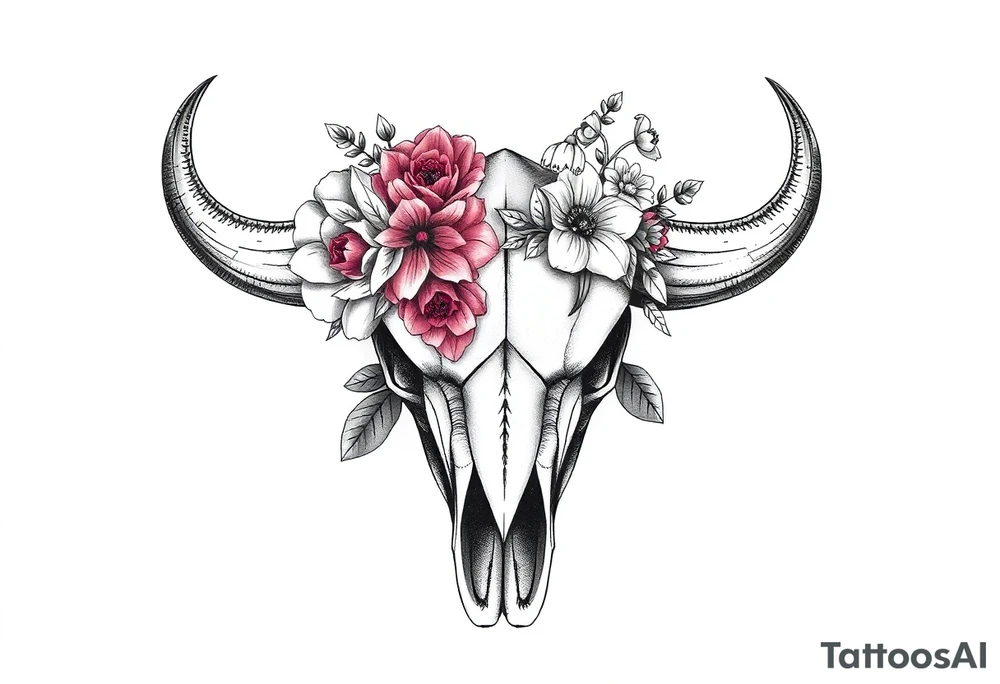 Buffalo or bison skull with flowers. Peony, snowdrop, holly with berries, larkspur, peony. Colour. For upper arm or shoulder. Masculin. tattoo idea