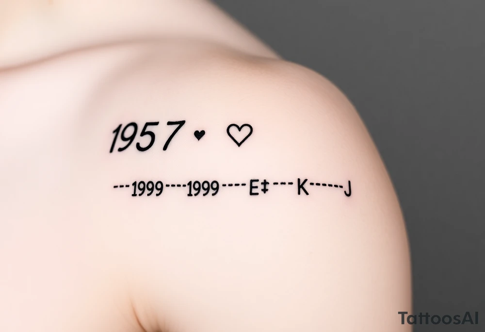 Top Line: The parent's birth year (1957) will be at the top, centered.  A small heart will be placed either directly beside it or slightly above it.
* Timeline Line: A faint, dotted line will extend horizontally from the parent's year, representing the timeline.
* Children's Years: Four birth years (1980, 1989, 1998, 2000) will be placed below the dotted line, evenly spaced.
* Initials (Optional): If desired, the children's initials (L, E, K, J) can be placed directly below their respective birth years.
Visualizing It:
Imagine it like this:
          1957 <3 
    .......................
    1980   1989   1998   2000
     L          E             K         J tattoo idea