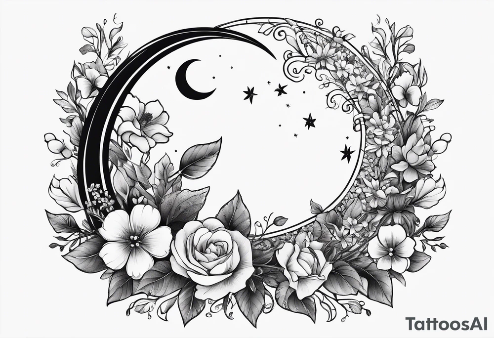 Crescent moon shrouded in pretty flowers tattoo idea