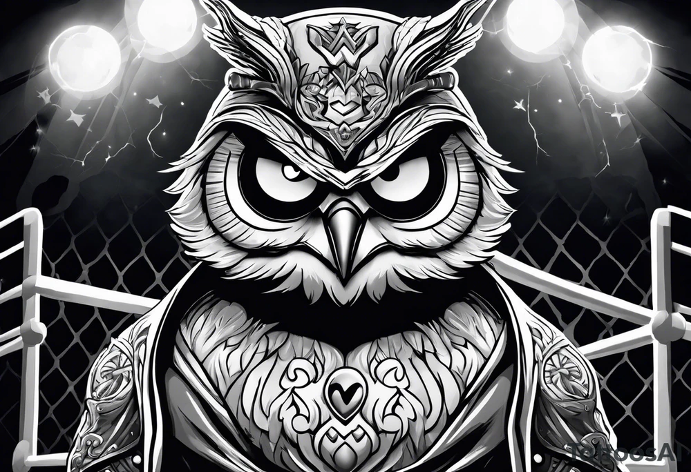 cartoon owl dressed up in a ghost halloween costume in a wrestling ring against a cow tattoo idea