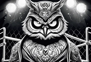 cartoon owl dressed up in a ghost halloween costume in a wrestling ring against a cow tattoo idea