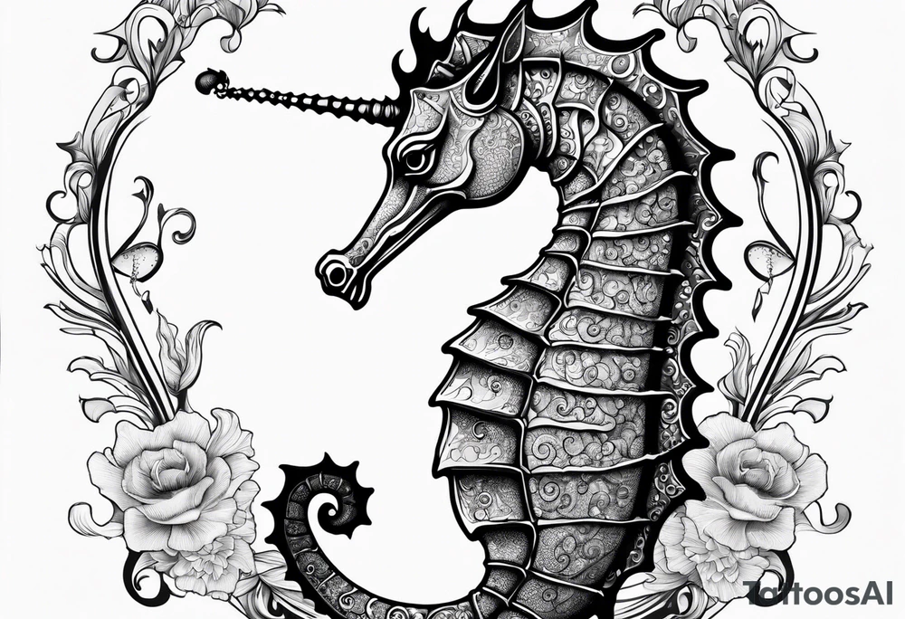 seahorse on white background, black and white tattoo idea