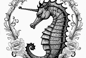 seahorse on white background, black and white tattoo idea