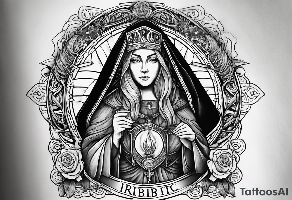 A full back piece themed on the surname mcbride and the irish saint bridget. It should take inspiration from artwork of saint bridget holding fire in her hands. It should have the text Vincit Pericula Virtus on it tattoo idea