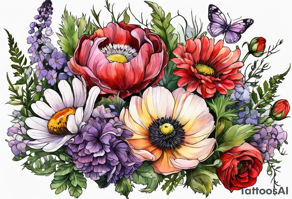 wildflowers with thistles, ferns, ranuculus, white anemones with black center, sun flowers, red flowers, pink flowers, purple flowers, buttercups all in watercolor tattoo idea