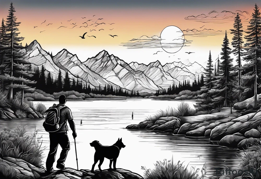 nature, sunset, mountains, a father and son hiking with their dog and cat by the water tattoo idea