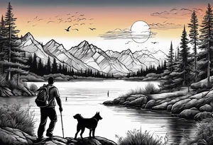nature, sunset, mountains, a father and son hiking with their dog and cat by the water tattoo idea