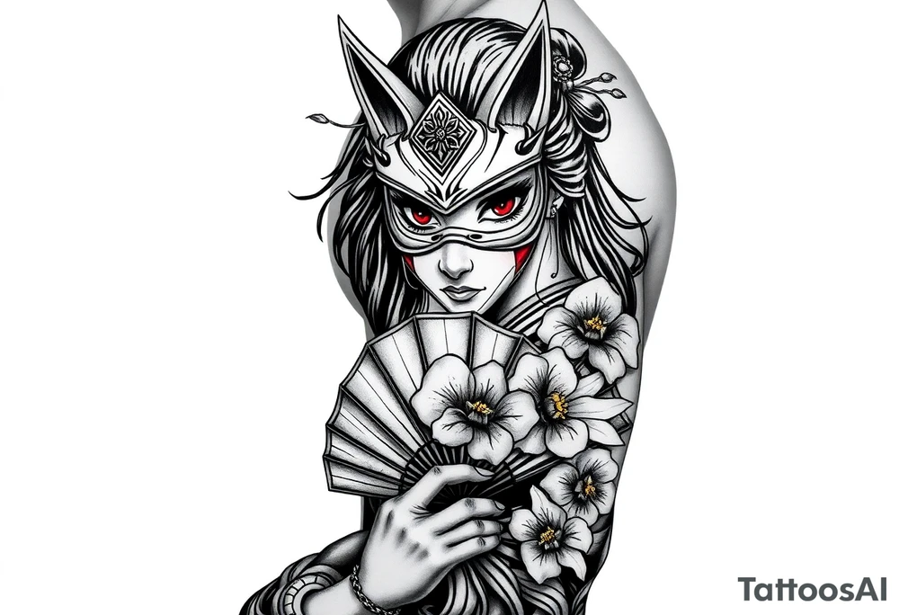 japanese samurai woman with red eyes wearing a kitsune half-mask and holding a fan with irises flowers ornement tattoo idea