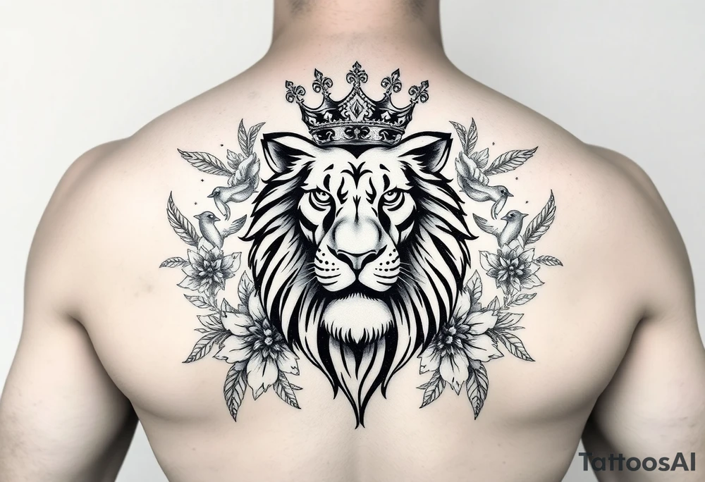 powerful majestic lion with a crown, surrounded by floral ornaments and birds tattoo idea