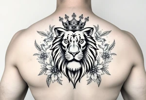 powerful majestic lion with a crown, surrounded by floral ornaments and birds tattoo idea