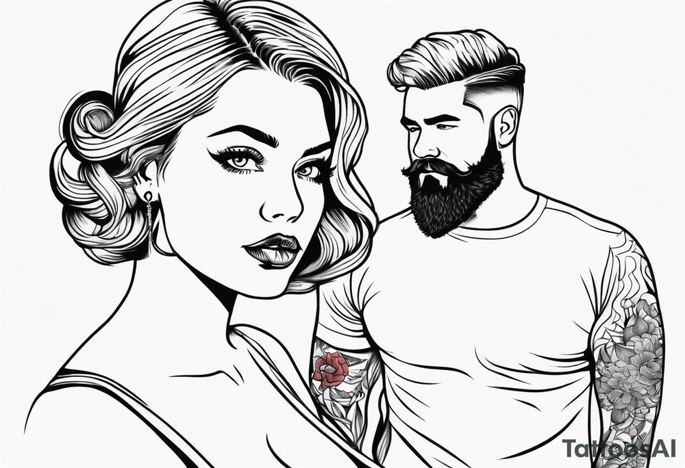 Busty Red haired woman with black haired bearded man tattoo idea