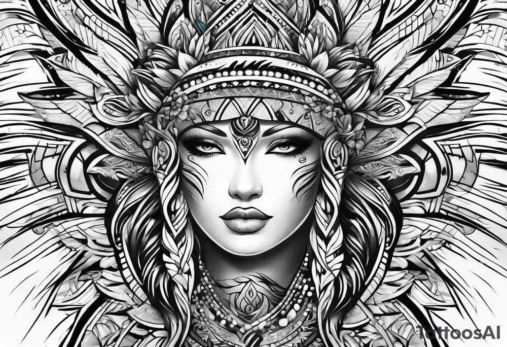 Tribal sleeve with rays of light background tattoo idea