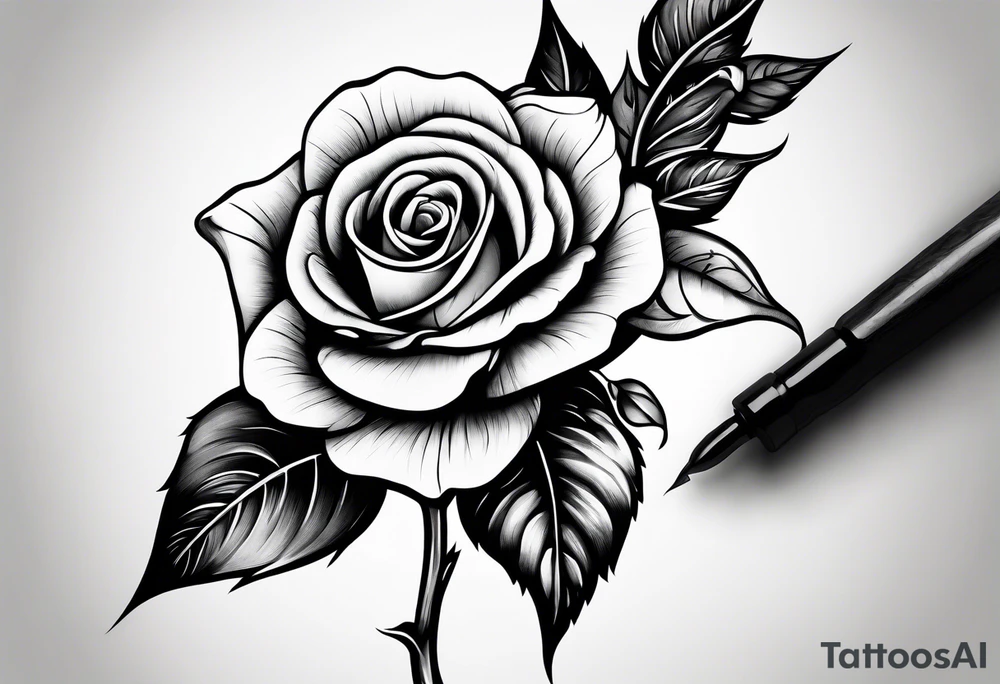 A long stem rose stem stabbed through a human hand tattoo idea