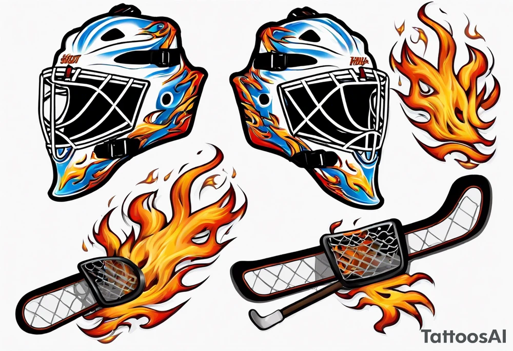 a goalie mask with crossed hockey sticks and flames "SHOT HOCKEY" tattoo idea