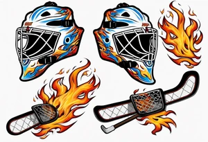 a goalie mask with crossed hockey sticks and flames "SHOT HOCKEY" tattoo idea