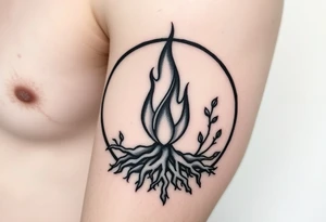flame in a roots circle, with little sprouts on the outer circle tattoo idea