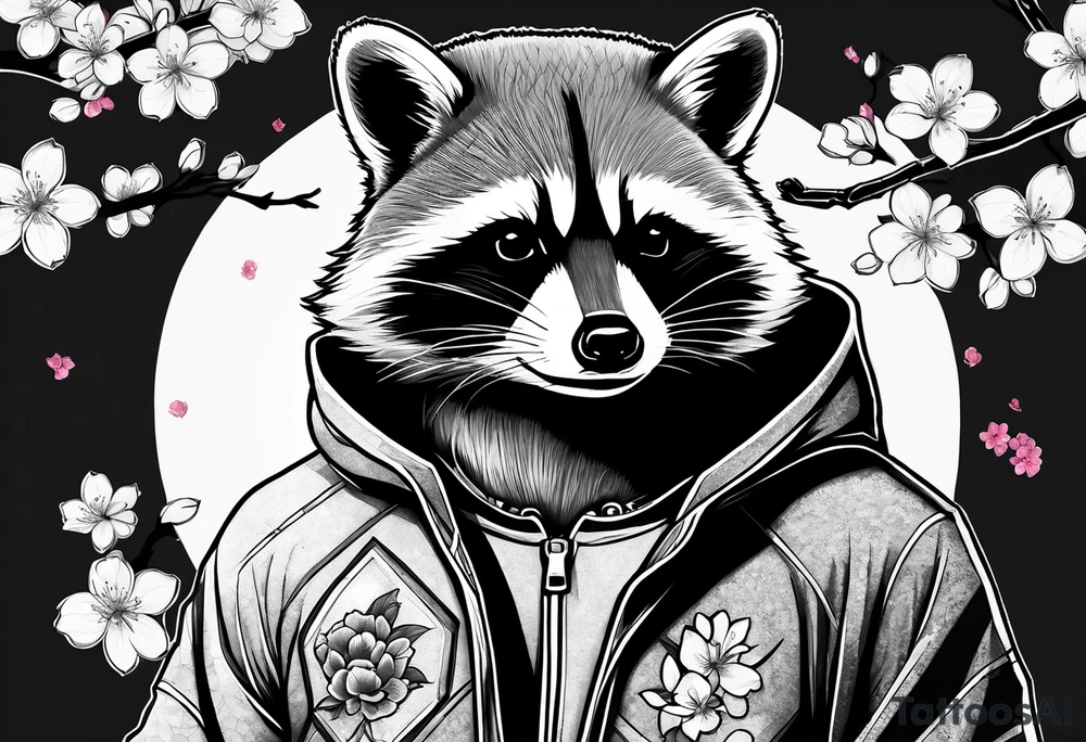 Raccoon wearing a Superman hoodie and Japanese cherry blossoms tattoo idea
