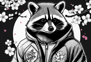 Raccoon wearing a Superman hoodie and Japanese cherry blossoms tattoo idea