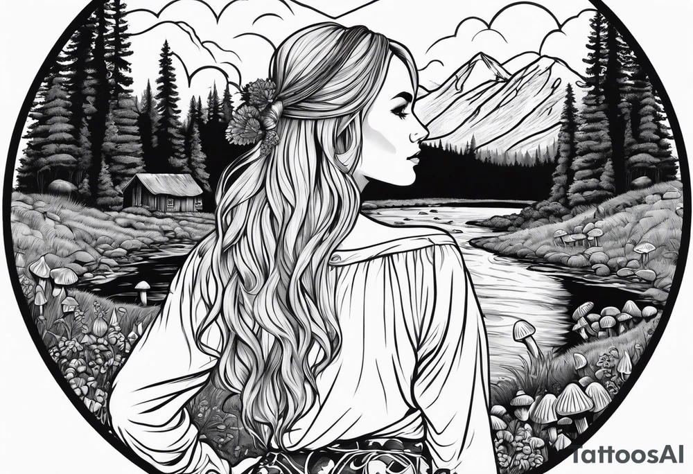 Whole picture encircled fully

Straight long blonde hair hippie girl in distance holding mushrooms in hand facing away toward mountains and creek surrounded by mushrooms long sleeve shirt and hiking pants; whole rendering within a full circle, no cut off circle tattoo idea